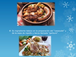  Es ingrediente básico en la preparación del “cassoulet” y
de la sopa de repollo y berza llamada "garbure".
 