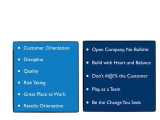 • Customer Orientation
• Discipline
• Quality
• Risk Taking
• Great Place to Work
• Results Orientation
• Open Company, No Bullshit
• Build with Heart and Balance
• Don't #@!% the Customer
• Play, as a Team
• Be the ChangeYou Seek
 