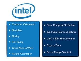 • Customer Orientation
• Discipline
• Quality
• Risk Taking
• Great Place to Work
• Results Orientation
• Open Company, No Bullshit
• Build with Heart and Balance
• Don't #@!% the Customer
• Play, as a Team
• Be the ChangeYou Seek
 