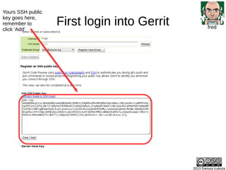 First login into Gerrit
2013 Dariusz Łuksza
First login into Gerrit
2013 Dariusz Łuksza
fred
Yours SSH public
key goes her...
