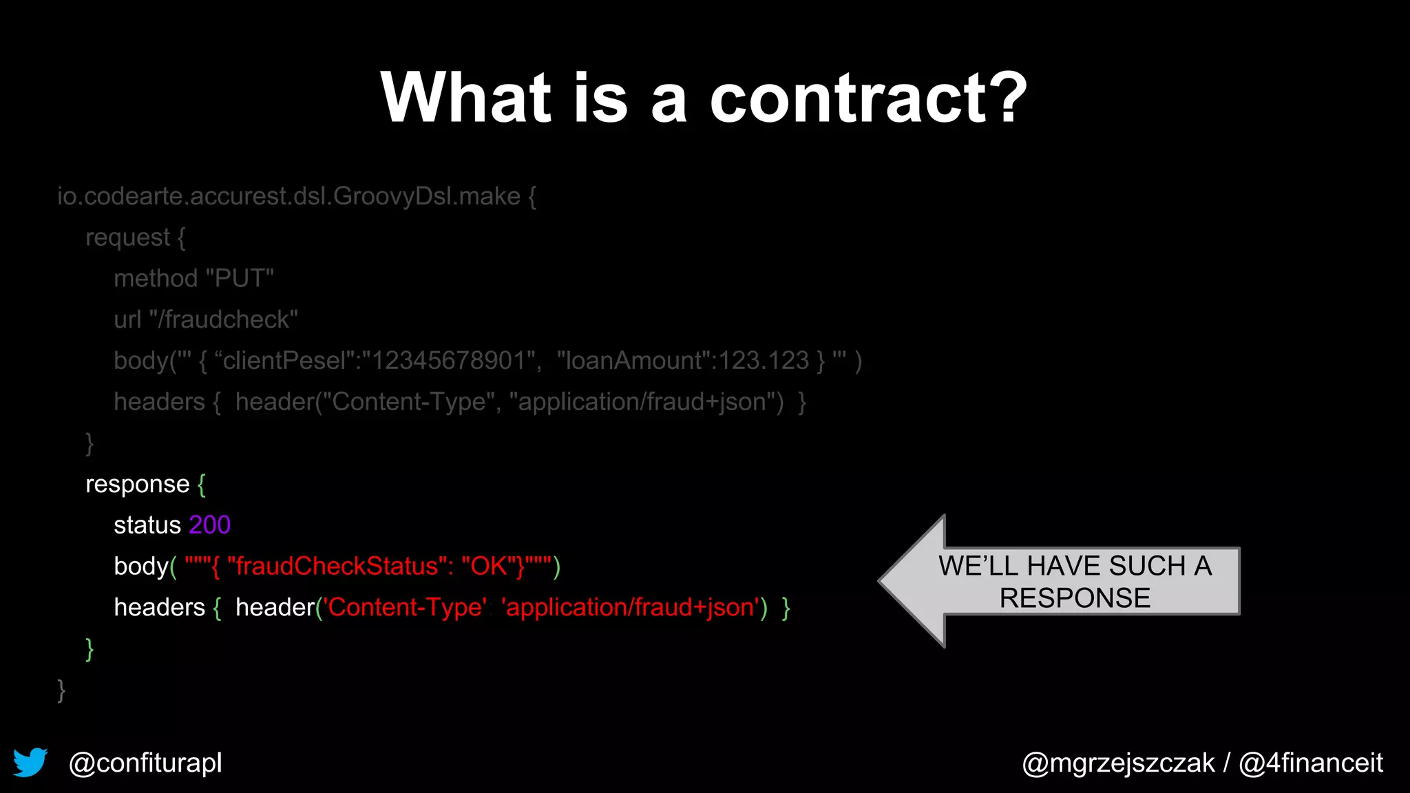 @confiturapl @mgrzejszczak / @4financeit
What is a contract?
io.codearte.accurest.dsl.GroovyDsl.make {
request {
method "PUT"
url "/fraudcheck"
body(''' { “clientPesel":"12345678901", "loanAmount":123.123 } ''' )
headers { header("Content-Type", "application/fraud+json") }
}
response {
status 200
body( """{ "fraudCheckStatus": "OK"}""")
headers { header('Content-Type': 'application/fraud+json') }
}
}
WE’LL HAVE SUCH A
RESPONSE
 