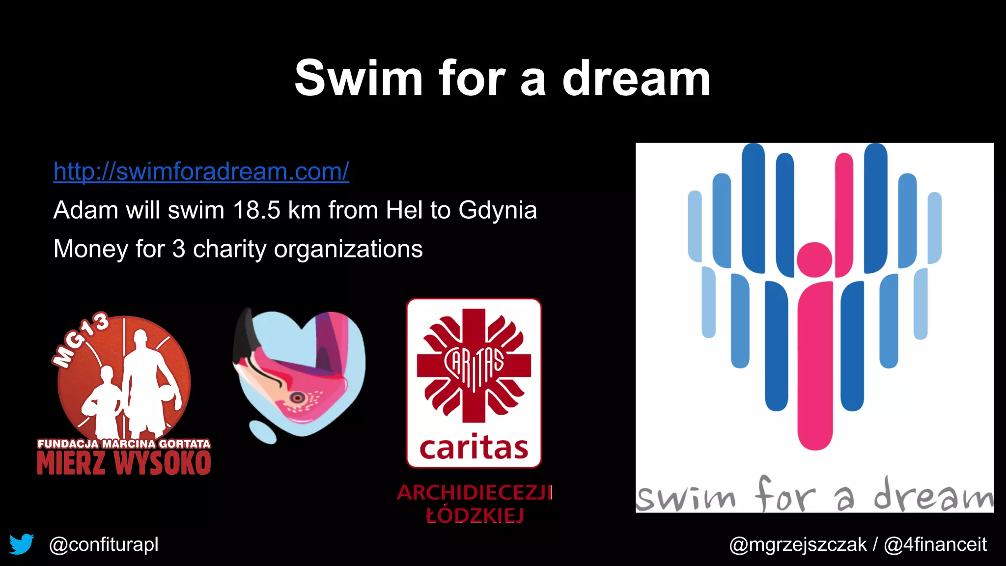 @confiturapl @mgrzejszczak / @4financeit
Swim for a dream
http://swimforadream.com/
Adam will swim 18.5 km from Hel to Gdynia
Money for 3 charity organizations
 