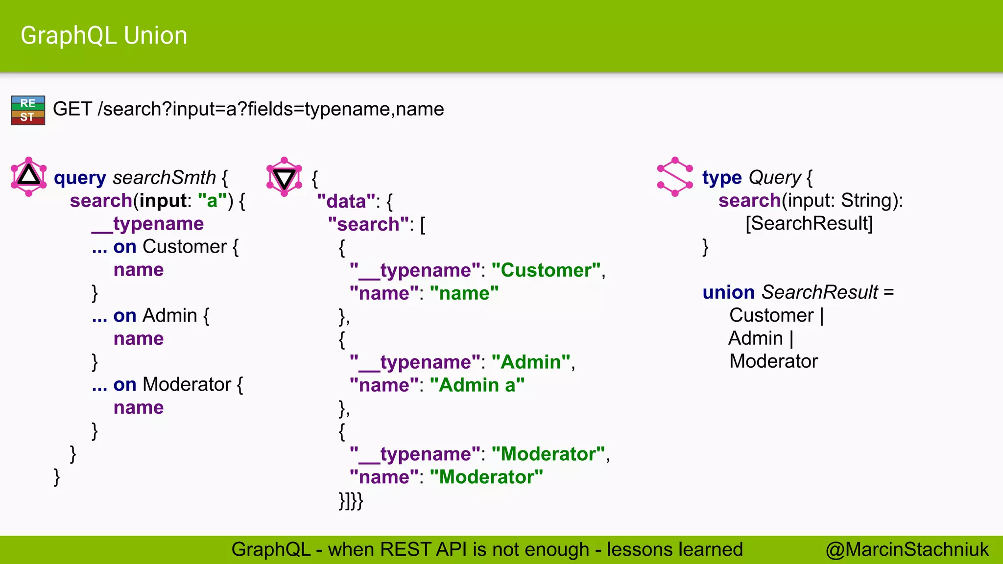 GraphQL Union
GET /search?input=a?fields=typename,name
type Query {
search(input: String):
[SearchResult]
}
union SearchResult =
Customer |
Admin |
Moderator
{
"data": {
"search": [
{
"__typename": "Customer",
"name": "name"
},
{
"__typename": "Admin",
"name": "Admin a"
},
{
"__typename": "Moderator",
"name": "Moderator"
}]}}
query searchSmth {
search(input: "a") {
__typename
... on Customer {
name
}
... on Admin {
name
}
... on Moderator {
name
}
}
}
RE
ST
@MarcinStachniukGraphQL - when REST API is not enough - lessons learned
 