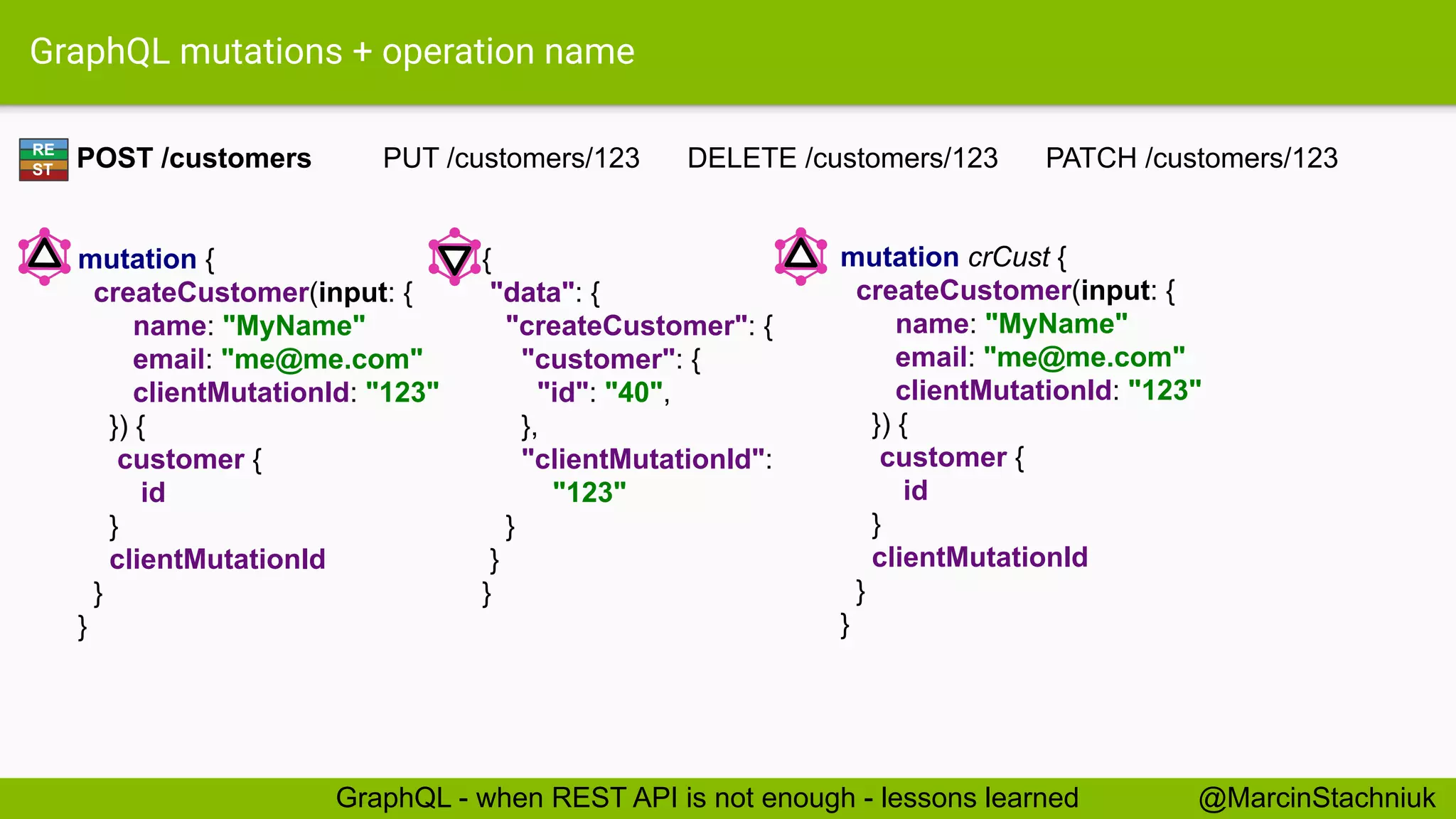 GraphQL mutations + operation name
mutation crCust {
createCustomer(input: {
name: "MyName"
email: "me@me.com"
clientMutationId: "123"
}) {
customer {
id
}
clientMutationId
}
}
{
"data": {
"createCustomer": {
"customer": {
"id": "40",
},
"clientMutationId":
"123"
}
}
}
POST /customers PUT /customers/123 DELETE /customers/123 PATCH /customers/123RE
ST
@MarcinStachniukGraphQL - when REST API is not enough - lessons learned
mutation {
createCustomer(input: {
name: "MyName"
email: "me@me.com"
clientMutationId: "123"
}) {
customer {
id
}
clientMutationId
}
}
 