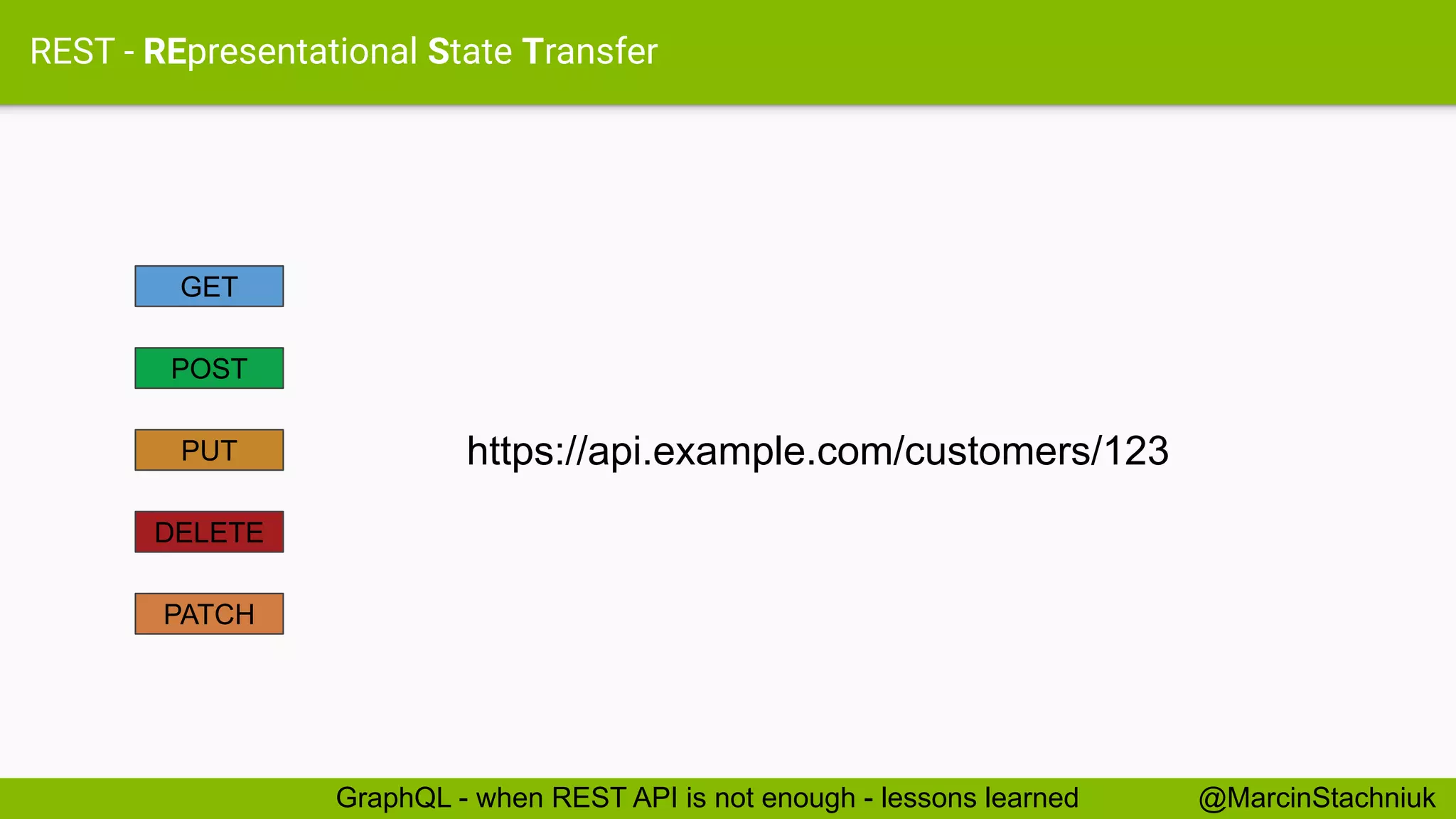 REST - REpresentational State Transfer
https://api.example.com/customers/123
DELETE
PUT
POST
GET
PATCH
@MarcinStachniukGraphQL - when REST API is not enough - lessons learned
 