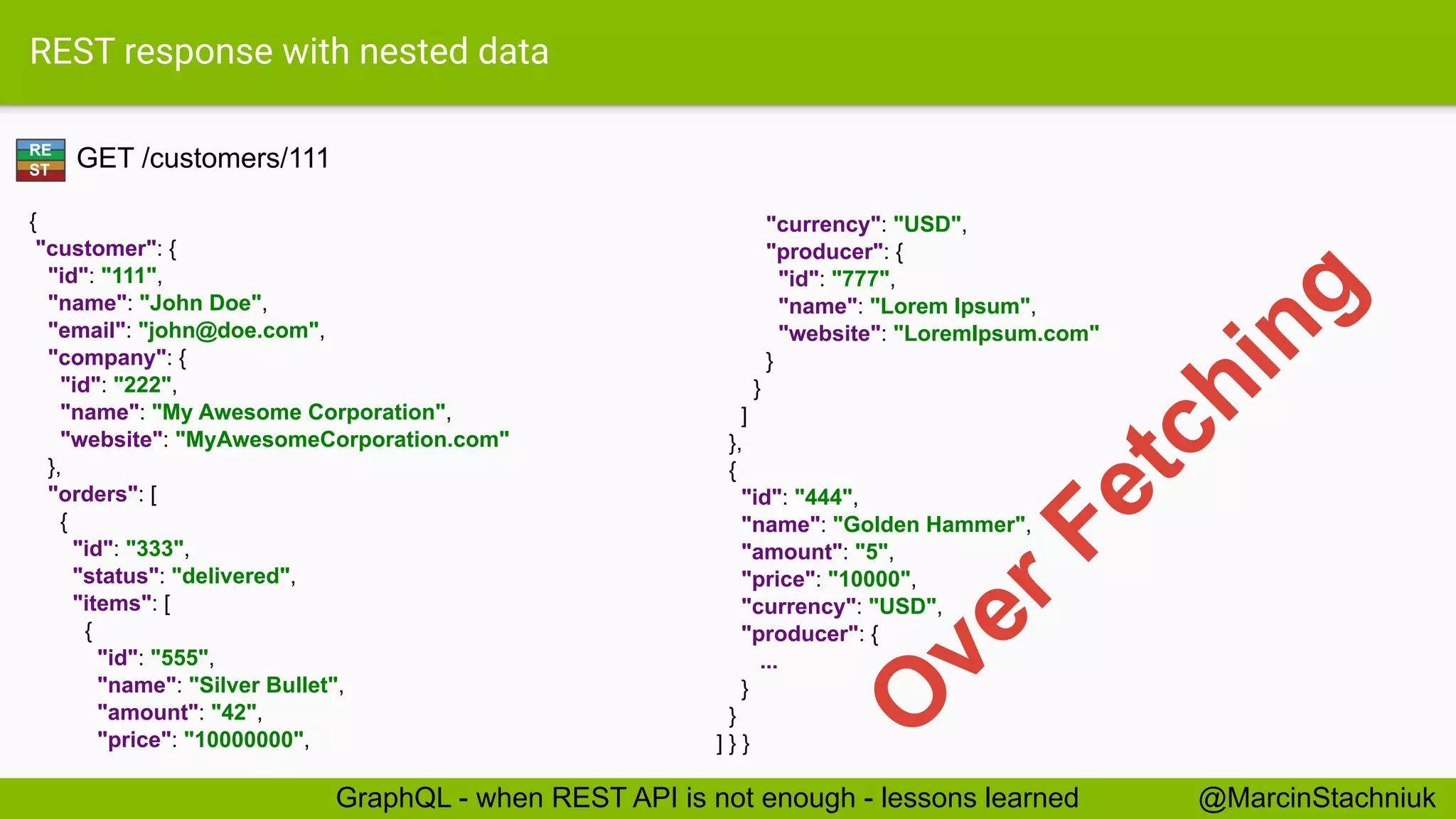 REST response with nested data
GET /customers/111
{
"customer": {
"id": "111",
"name": "John Doe",
"email": "john@doe.com",
"company": {
"id": "222",
"name": "My Awesome Corporation",
"website": "MyAwesomeCorporation.com"
},
"orders": [
{
"id": "333",
"status": "delivered",
"items": [
{
"id": "555",
"name": "Silver Bullet",
"amount": "42",
"price": "10000000",
"currency": "USD",
"producer": {
"id": "777",
"name": "Lorem Ipsum",
"website": "LoremIpsum.com"
}
}
]
},
{
"id": "444",
"name": "Golden Hammer",
"amount": "5",
"price": "10000",
"currency": "USD",
"producer": {
...
}
}
] } }
RE
ST
@MarcinStachniukGraphQL - when REST API is not enough - lessons learned
O
verFetching
 