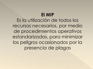 El MIP
  Es la utilización de todos los
recursos necesarios, por medio
 de procedimientos operativos
estandarizados, para minimizar
los peligros ocasionados por la
      presencia de plagas
 