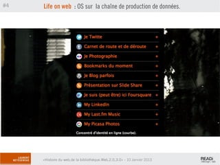 #4   Life on web : OS sur la chaîne de production de données.




     «Histoire du web,de la bibliothèque.Web,2.0,3.0» - 10 Janvier 2013
 