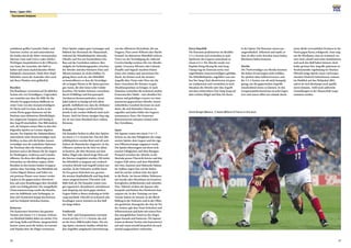 26
Korea / Japan 2001
27
Tournament Analyses
senbahnen griffen Lazaridis (links) und
Emerton (rechts) an und unterstützten
die beiden durch die Mitte vorstossenden
Stürmer Zane und Corica (oder Zdrilic).
Wichtigste Anspielstation in der Offensive
war Zane, der versuchte, den Ball zu
halten und einen nachrückenden Mittel-
feldspieler einzusetzen. Dank ihrer Kopf-
ballstärke waren die Australier aber auch
mit ihren Flanken stets gefährlich.
Brasilien
Die Brasilianer vertrauten auf ihr übliches
System mit vier Verteidigern. Ungewohnt
war zunächst nur, dass die Hilfe für die
Abwehr bei gegnerischem Ballbesitz in
erster Linie von den Aussenverteidigern
Ze Maria und Leo kam, da der in der
ersten Partie gegen Kamerun auf der
Position eines defensiven Mittelfeldspie-
lers eingesetzte Vampeta sich häufig in
den Angriff einschaltete. Das Bild änderte
sich, als Vampeta seinen Platz in den drei
folgenden Spielen an Leomar abgeben
musste. Der Kapitän der Südamerikaner
unterstützte seine Innenverteidiger nach
Kräften, so dass sich die beiden Aussen-
verteidiger nun als zusätzliche Optionen
für Vorstösse über die Seiten anbieten
konnten und so die Räume für die Angrei-
fer Washington, Anderson und Leandro
öffneten. Da diese drei allerdings grosse
Schwächen im Abschluss zeigten, blieb
Brasilien in den letzten beiden Gruppen-
spielen ohne Torerfolg. Das Mittelfeld mit
Carlos Miguel, Ramon und Fabio riss
mit präzisen Pässen zwar immer wieder
Lücken in die gegnerischen Abwehrrei-
hen, sah seine Bemühungen aber ebenfalls
nicht von Erfolg gekrönt. Die mangelhafte
Chancenauswertung wurde den Brasilia-
nern im Halbfinale zum Verhängnis, in
dem sich Frankreich knapp durchsetzen
und ins Endspiel einziehen konnte.
Kamerun
Die Kameruner bestritten das gesamte
Turnier mit einem 3-5-2-System. Defensi-
ven Rückhalt bildete dabei ein starkes Trio
mit Song, Kalla und Wome.Ausgezeichnet
besetzt waren auch die Seiten, wo Geremi
und Njanka über die Flügel vorstiessen.
Diese Spieler zeigten gute Leistungen und
bildeten das Herzstück der Mannschaft,
während die Mittelfeldspieler Alnoudji,
Olembe und Foe nur bescheidenen Ein-
fluss auf das Geschehen nahmen. Ihre
Aufgabe als Verbindungsspieler zwischen
der Abwehr und den Stürmern Etoo und
Mboma konnten sie nicht erfüllen. Es
gelang ihnen auch nie, das Mittelfeld
zu kontrollieren, so dass die Verteidiger
oft zu langen Pässen in die Spitze gezwun-
gen waren, die aber keine echte Gefahr
brachten. Die beiden Stürmer versuchten,
durch Dribblings und Kurzpassspiel
Torchancen herauszuarbeiten, waren
dabei jedoch zu häufig auf sich allein
gestellt. Auffallend war, dass die Afrikaner
in Bezug auf Tempo und Kreativität
jeweils in der zweiten Halbzeit stark nach-
liessen. Auch bei ihrem einzigen Sieg zeig-
ten sie nur einen Bruchteil ihres wahren
Könnens.
Kanada
Die Kanadier hielten in allen drei Spielen
an einem 3-5-2-System fest. Von den Mit-
telfeldspielern wurden Bent und oft auch
Stalteri als Manndecker eingesetzt. In der
Offensive suchten sie ihr Heil vor allem
in Kontern, die über Brennan auf dem
linken Flügel oder durch lange Pässe auf
die Stürmer eingeleitet wurden.Oft rückte
das Mittelfeld zu langsam auf, wodurch
zwischen Abwehr und Angriff Lücken ent-
standen. In der Defensive strahlte Jason
De Vos grosse Sicherheit aus, gewann
die meisten Kopfballduelle und fing dank
seiner ausgezeichneten Übersicht viele
Bälle früh ab. Die Kanadier traten zwar
gut organisiert, diszipliniert, entschlossen
und ehrgeizig auf, doch gegen stärkere
Gegner fehlte es ihnen eindeutig an Erfah-
rung und Reife. Obwohl sie technisch sehr
beschlagen waren, konnten sie den Ball
nie lange halten.
Frankreich
Der Welt- und Europameister vertraute
erneut auf das 4-2-3-1-System, das sich
an der Euro 2000 bewährt hatte. Die ein-
zige Spitze (meistens Anelka) erhielt bei
den Angriffen umgehend Unterstützung
von der offensiven Dreierkette, die aus
Dugarry, Pires sowie Wiltord oder Marlet
bestand. Im defensiven Mittelfeld sicherte
Vieira vor der Verteidigung ab, während
Carrière häufig vorstiess.Die vierAbwehr-
spieler (Lizarazu, Silvestre oder Lebœuf,
Desailly und Sagnol) machten hinten
einen sehr soliden und souveränen Ein-
druck. Sie leiteten auch die meisten
Angriffe über Vieira oder Pires ein, die
dann versuchten, die Stürmer in gute
Abschlussposition zu bringen. Je nach
Situation wechselten die technisch starken
Franzosen ihre Taktik – mit schnellen Vor-
stössen und geduldigen Lauern vor einer
massierten gegnerischen Abwehr. Ausser-
ordentliches Geschick bewiesen sie auch
darin, die sich bietenden Chancen zu
ergreifen und jeden Fehler des Gegners
auszunutzen. Kurz: Die Franzosen
demonstrierten mitunter einmal mehr
ihre Extraklasse.
Japan
Die Japaner traten mit einem 3-4-1-2-
System an, das den Fähigkeiten der einge-
setzten Spieler, dem Gegner und der eige-
nen Offensivstrategie angepasst wurde.
Die Spieler überzeugten mit ihren tech-
nischen Fähigkeiten und dem flüssigen
Passspiel zwischen der Abwehr, in der
Morioka grosse Übersicht bewies und den
Gegner früh störte, und dem Mittelfeld
mit Ono, Inamoto und Hidetoshi Nakata.
Im Aufbau zogen Ono auf der linken
und Ito auf der rechten Seite das Spiel
in die Breite. Im Sturm bildete Nishizawa
mit Suzuki oder Morishima ein kreatives,
bewegliches, dribbelstarkes und schnelles
Duo. Taktisch wirkten die Japaner sehr
kompakt und hielten ihre Positionen kon-
sequent ein. In den Trainings vor dem
Turnier hatten sie intensiv an der Block-
bildung in der Defensive und in der Offen-
sive gearbeitet. Kawaguchi, der Star im Tor
der Asiaten, gab dem Team Sicherheit und
Selbstvertrauen und hatte mit seinen Para-
den massgeblichen Anteil an den Siegen
gegen Kanada und Kamerun. Die Japaner
traten an diesem Turnier sehr konzentriert
auf und waren sowohl körperlich als auch
mental ausgezeichnet vorbereitet.
Korea Republik
Die Koreaner praktizierten ein flexibles
3-5-2-System und wechselten je nach
Spielweise des Gegners manchmal zu
einem 4-4-2. Die Abwehr wurde von
Kapitän Hong Myung Bo und Song
Chong Gug im Zentrum sowie zwei
angreifenden Aussenverteidigern gebildet.
Die Mittelfeldspieler, angeführt vom star-
ken Yoo Sang Chul, absolvierten ein gros-
ses Laufpensum und verstärkten je nach
Situation die Abwehr oder den Angriff
mit dem trickreichen Choi Sung Yong auf
dem rechten Flügel und Kim Do Hoon
in der Spitze. Die Koreaner waren aus-
sergewöhnlich athletisch und topfit, so
dass sie über weite Strecken einen hohen
Rhythmus halten konnten.
Mexiko
Die Titelverteidiger aus Mexiko konnten
die hohen Erwartungen nicht erfüllen.
Sie spielten ohne Selbstvertrauen, und
ihr 3-5-2-System war oft nicht kompakt
genug, um die gegnerischen Angriffe
entscheidend stören zu können. In den
Gruppenspielen kassierten sie acht Gegen-
tore und waren selbst nur einmal, durch
einen direkt verwandelten Freistoss in der
Partie gegen Korea, erfolgreich. Zwar zeig-
ten die Mexikaner, dass sie technisch ver-
siert sind, schnell und sicher kombinieren
und auch den Ball halten können, doch
leider gerieten ihre Angriffe spätestens in
Strafraumnähe regelmässig ins Stocken.
Obwohl einige Spieler einen vielverspre-
chenden Eindruck hinterliessen, müssen
im Hinblick auf den Weltpokal 2002,
sofern sie sich überhaupt noch qualifi-
zieren können, wohl noch zahlreiche
Umstellungen in der Mannschaft vorge-
nommen werden.
David Rangel (Mexico, 7) beats Wiltord of France in this duel.
 