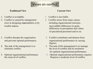 Traditional View Current View
1. Conflict is avoidable. 1. Conflict is inevitable.
2. Conflict is caused by management 2. Conflict arises from many causes,
error in designing organizations or by including organizational structure,
trouble makers. unavoidable differences in goals,
differences in perceptions and values
of specialized personnel and so on.
3. Conflict disrupts the organization 3. Conflict contributes and detracts from
and prevents optimal performance. organizational performance in varying
degrees.
4. The task of the management is to 4. The task of the management is to manage
eliminate conflict. the level of conflict and its resolution
for optimal organizational performance.
5. Optimal organizational performance 5. Optimal organizational performance requires
the removal of conflict. Requires a moderate level of conflict.
Views on conflict
 
