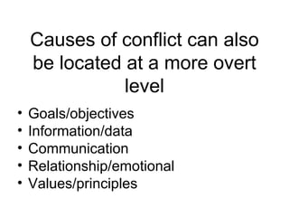 Causes of conflict can also be located at a more overt level Goals/objectives Information/data Communication Relationship/emotional Values/principles 