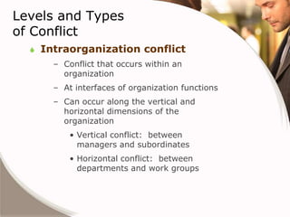 Levels and Types
of Conflict
     Intraorganization conflict
        – Conflict that occurs within an
          organization
        – At interfaces of organization functions
        – Can occur along the vertical and
          horizontal dimensions of the
          organization
            • Vertical conflict: between
              managers and subordinates
            • Horizontal conflict: between
              departments and work groups
 
