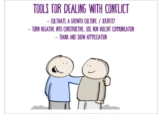 Tools for dealing with conflict 
- cultivate a growth culture / identity 
- turn negative into constructive, use Non violent communication 
- thank and show appreciation 
 