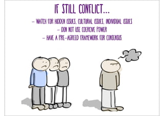 if still conflict... 
- watch for hidden issues, cultural issues, individual issues 
- don not use coercive power 
- have a pre-agreed framework for consensus 
 