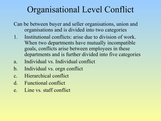 Organisational Level Conflict 
Can be between buyer and seller organisations, union and 
organisations and is divided into two categories 
1. Institutional conflicts: arise due to division of work. 
When two departments have mutually incompatible 
goals, conflicts arise between employees in these 
departments and is further divided into five categories 
a. Individual vs. Individual conflict 
b. Individual vs. orgn conflict 
c. Hierarchical conflict 
d. Functional conflict 
e. Line vs. staff conflict 
 