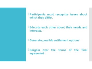 Requirements Participants must recognize issues about
which they differ.
 Educate each other about their needs and
interests.
 Generate possible settlement options
 Bargain over the terms of the final
agreement
 