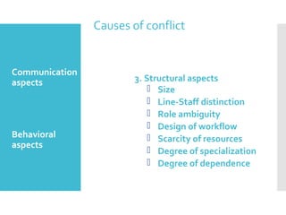 Causes of conflict
1.Communication
aspects
1.Behavioral
aspects
3. Structural aspects
 Size
 Line-Staff distinction
 Role ambiguity
 Design of workflow
 Scarcity of resources
 Degree of specialization
 Degree of dependence
5
 