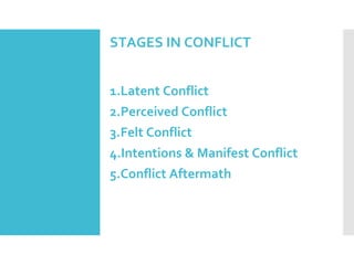 STAGES IN CONFLICT
1.Latent Conflict
2.Perceived Conflict
3.Felt Conflict
4.Intentions & Manifest Conflict
5.Conflict Aftermath
 