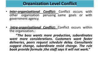 Conflict occurs with
same goals or with
• Inter-organizational Conflict:
other organization perusing
government agency.
• Intra-organizational Conflict: Conflict occurs within
the organization.:
“The boss wants more production, subordinates
want more considerations. Customers want faster
deliveries, peers request schedule delay. Consultants
suggest change, subordinate resist change. The rule
book provide formula ;the staff says it will not work.”
Organization Level Conflict
 