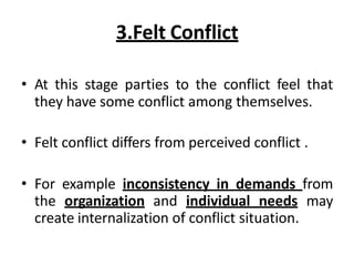 3.Felt Conflict
• At this stage parties to the conflict feel that
they have some conflict among themselves.
• Felt conflict differs from perceived conflict .
• For example inconsistency in demands from
the organization and individual needs may
create internalization of conflict situation.
 