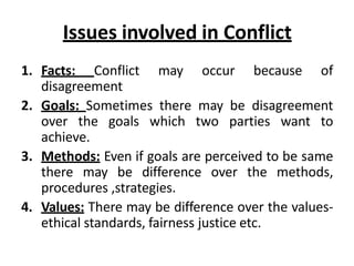 Issues involved in Conflict
1. Facts: Conflict may occur because of
disagreement
2. Goals: Sometimes there may be disagreement
over the goals which two parties want to
achieve.
3. Methods: Even if goals are perceived to be same
there may be difference over the methods,
procedures ,strategies.
4. Values: There may be difference over the values-
ethical standards, fairness justice etc.
 