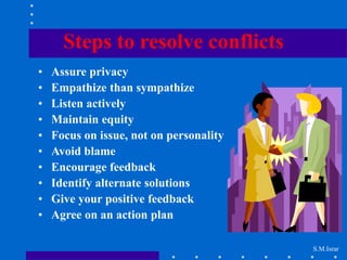 S.M.Israr
Steps to resolve conflicts
• Assure privacy
• Empathize than sympathize
• Listen actively
• Maintain equity
• Focus on issue, not on personality
• Avoid blame
• Encourage feedback
• Identify alternate solutions
• Give your positive feedback
• Agree on an action plan
 