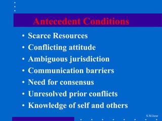 S.M.Israr
Antecedent Conditions
• Scarce Resources
• Conflicting attitude
• Ambiguous jurisdiction
• Communication barriers
• Need for consensus
• Unresolved prior conflicts
• Knowledge of self and others
 