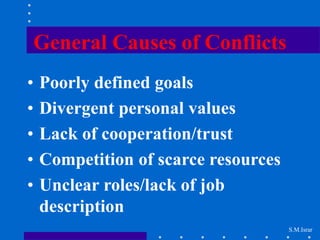 S.M.Israr
General Causes of Conflicts
• Poorly defined goals
• Divergent personal values
• Lack of cooperation/trust
• Competition of scarce resources
• Unclear roles/lack of job
description
 