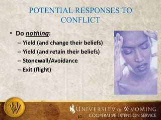 Potential responses to conflictDo nothing: Yield (and change their beliefs)Yield (and retain their beliefs)Stonewall/AvoidanceExit (flight)