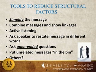 Emotionalor hostile environmentTools to reduce environmental issues	Move meeting to neutral & comfortable locationTurn off cell phonesModify seating arrangementsProvide alternative ways to participateOthers?