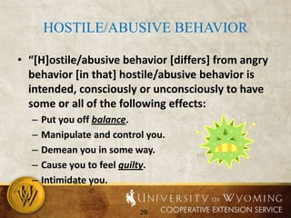 Reframing Definition:  responding to the speaker in a way that validates what they are feeling but also helps them move forward.“Her desk is a mess!” Reframed: “One issue is how neat the office should be.”“I don’t want anyone trespassing on my property.”Reframed: “Property boundaries are an issue.” 