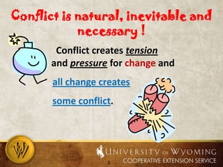 Conflict is natural, inevitable and necessary !           Conflict creates tensionand pressurefor changeandall change createssome conflict.