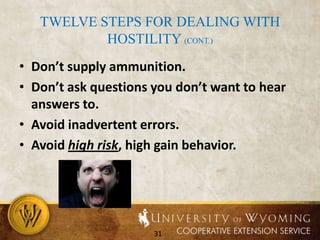 Hostile/abusive behavior“[H]ostile/abusive behavior [differs] from angry behavior [in that] hostile/abusive behavior is intended, consciously or unconsciously to have some or all of the following effects:Put you off balance.Manipulate and control you.Demean you in some way.Cause you to feel guilty.Intimidate you.