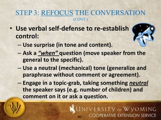 Step 2:  AcknowledgeAsk what happened.Address their apparent emotions: Acknowledgement.Empathy.Collect information (use active listening).Give an apology if the facts warrant (but don’t give ammunition).