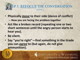 Step 3:  Refocus the conversationThink about the language you use initiallyUse cooperative rather than competitive language (but don’t make unintended promises).Use “we” (except where it makes no sense).Use appropriate tone and word stressAvoid repeating hot words and phrases.Replace some statements (“We can’t…”) with questions (“How do you see us doing this under our existing rules?”).