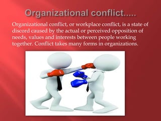 Organizational conflict, or workplace conflict, is a state of
discord caused by the actual or perceived opposition of
needs, values and interests between people working
together. Conflict takes many forms in organizations.
 
