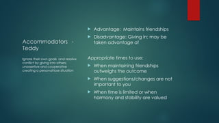 Accommodators -
Teddy
 Advantage: Maintains friendships
 Disadvantage: Giving in; may be
taken advantage of
Appropriate times to use:
 When maintaining friendships
outweighs the outcome
 When suggestions/changes are not
important to you
 When time is limited or when
harmony and stability are valued
Ignore their own goals and resolve
conflict by giving into others;
unassertive and cooperative
creating a personal lose situation
 
