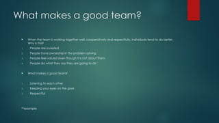 What makes a good team?
 When the team is working together well, cooperatively and respectfully, individuals tend to do better.
Why is this?
1. People are invested
2. People have ownership in the problem solving
3. People feel valued even though it is not about them
4. People do what they say they are going to do
 What makes a good team?
1. Listening to each other
2. Keeping your eyes on the goal
3. Respectful
**example
 