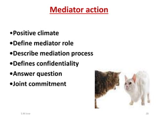 •Positive climate
•Define mediator role
•Describe mediation process
•Defines confidentiality
•Answer question
•Joint commitment
S.M.Israr 28
Mediator action
 