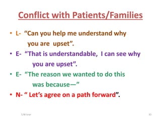 • L- “Can you help me understand why
you are upset”.
• E- “That is understandable, I can see why
you are upset”.
• E- “The reason we wanted to do this
was because—”
• N- “ Let’s agree on a path forward”.
S.M.Israr 33
Conflict with Patients/Families
 