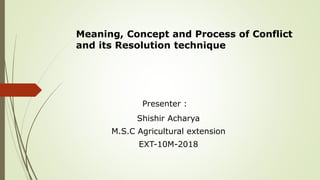 Meaning, Concept and Process of Conflict
and its Resolution technique
Presenter :
Shishir Acharya
M.S.C Agricultural extension
EXT-10M-2018
 