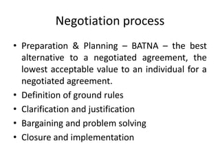 Negotiation process
• Preparation & Planning – BATNA – the best
alternative to a negotiated agreement, the
lowest acceptable value to an individual for a
negotiated agreement.
• Definition of ground rules
• Clarification and justification
• Bargaining and problem solving
• Closure and implementation
 