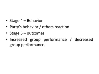 • Stage 4 – Behavior
• Party’s behavior / others reaction
• Stage 5 – outcomes
• Increased group performance / decreased
group performance.
 