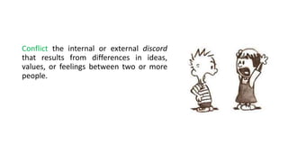 Conflict the internal or external discord
that results from differences in ideas,
values, or feelings between two or more
people.
 