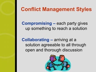 Conflict Management Styles

Compromising – each party gives
 up something to reach a solution

Collaborating – arriving at a
 solution agreeable to all through
 open and thorough discussion
 