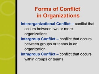 Forms of Conflict
         in Organizations
Interorganizational Conflict – conflict that
  occurs between two or more
  organizations
Intergroup Conflict – conflict that occurs
  between groups or teams in an
  organization
Intragroup Conflict – conflict that occurs
  within groups or teams
 