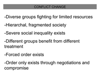 CONFLICT CHANGE -Diverse groups fighting for limited resources -Hierarchal, fragmented society -Severe social inequality exists -Different groups benefit from different treatment -Forced order exists -Order only exists through negotiations and compromise 