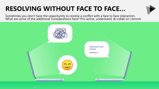 RESOLVING WITHOUT FACE TO FACE…
Sometimes you don’t have the opportunity to resolve a conflict with a face to face interaction.
What are some of the additional considerations here? Pro-active, understand, & collab on commit.
 