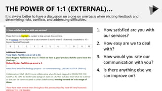 THE POWER OF 1:1 (EXTERNAL)…
It is always better to have a discussion on a one on one basis when eliciting feedback and
determining risks, conflicts, and addressing difficulties.
1. How satisfied are you with
our services?
2. How easy are we to deal
with?
3. How would you rate our
communication with you?
4. Is there anything else we
can improve on?
 