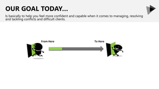 OUR GOAL TODAY…
Is basically to help you feel more confident and capable when it comes to managing, resolving
and tackling conflicts and difficult clients.
From Here To Here
 